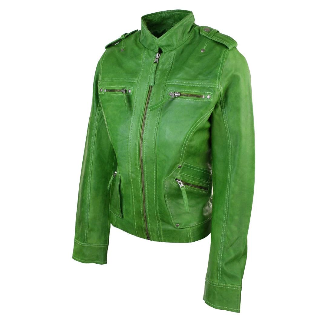 Ladies Women Genuine Real Leather Slim Fit Yellow Green Pink Biker Jacket - Knighthood Store