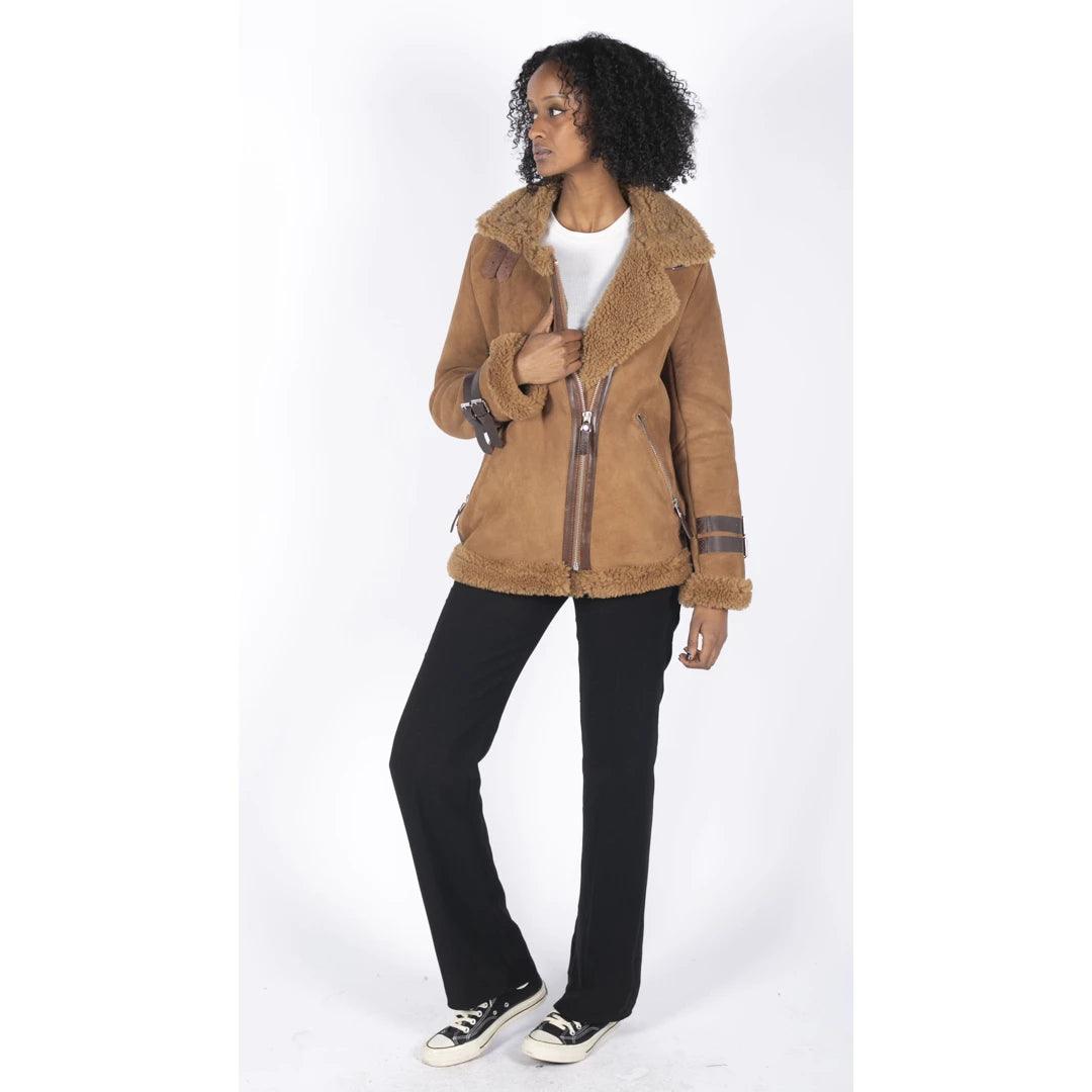 Womens Genuine Sheepskin Leather Cross Zip Flying Aviator Jacket Camel Brown Fur - Knighthood Store