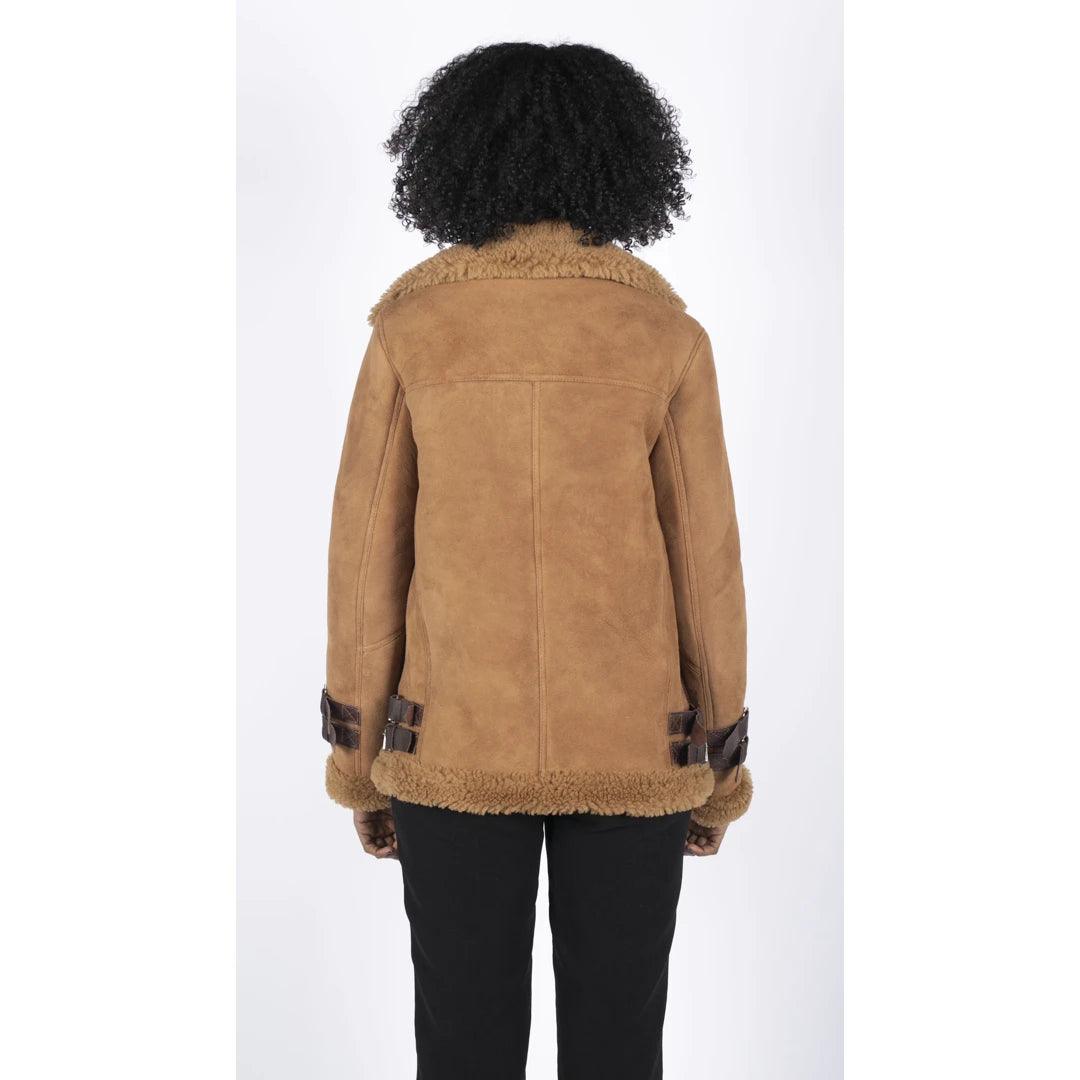 Womens Genuine Sheepskin Leather Cross Zip Flying Aviator Jacket Camel Brown Fur - Knighthood Store