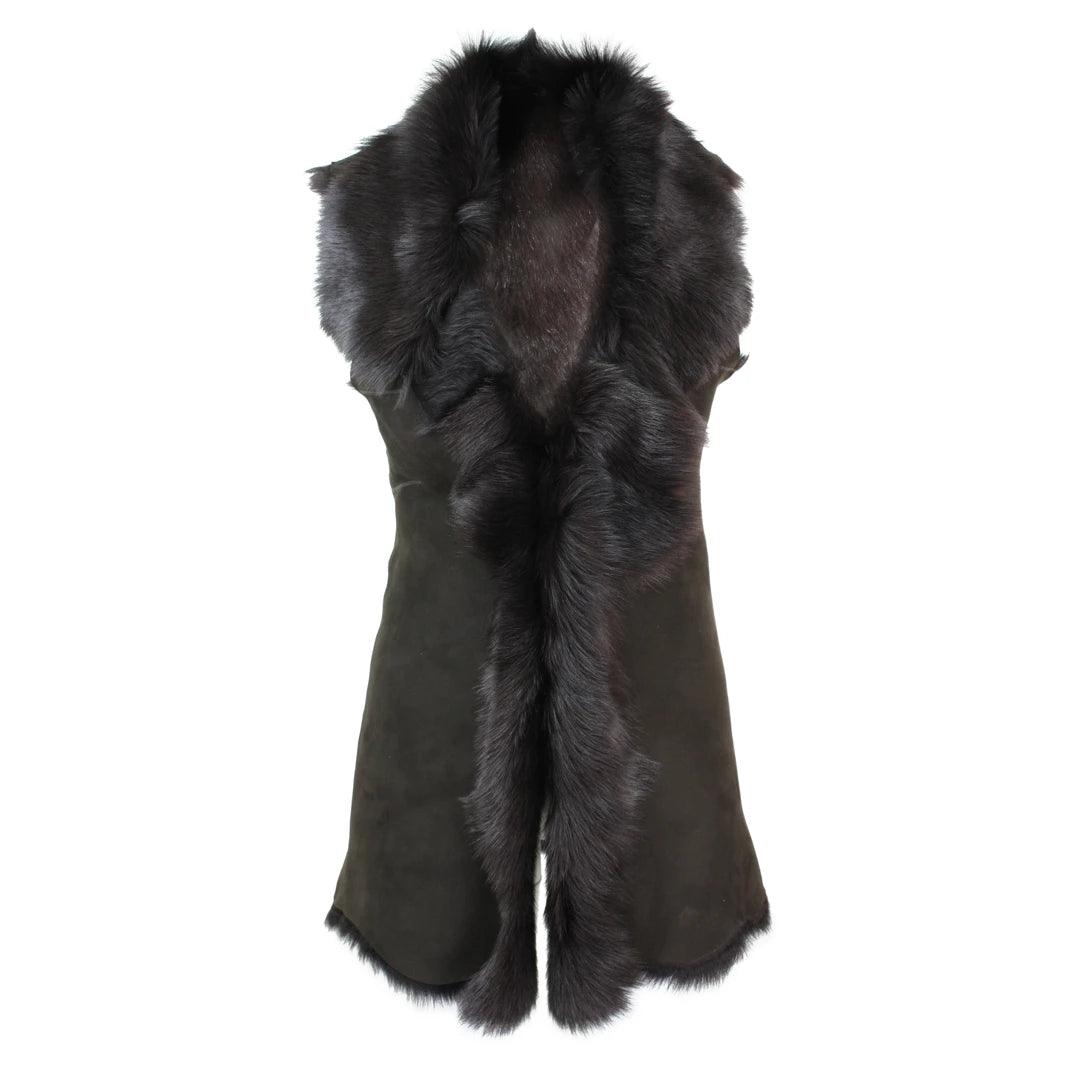 Ladies Women Real Spanish Toscana Shearling Sheepskin Brown Leather Waistcoat Gillet - Knighthood Store