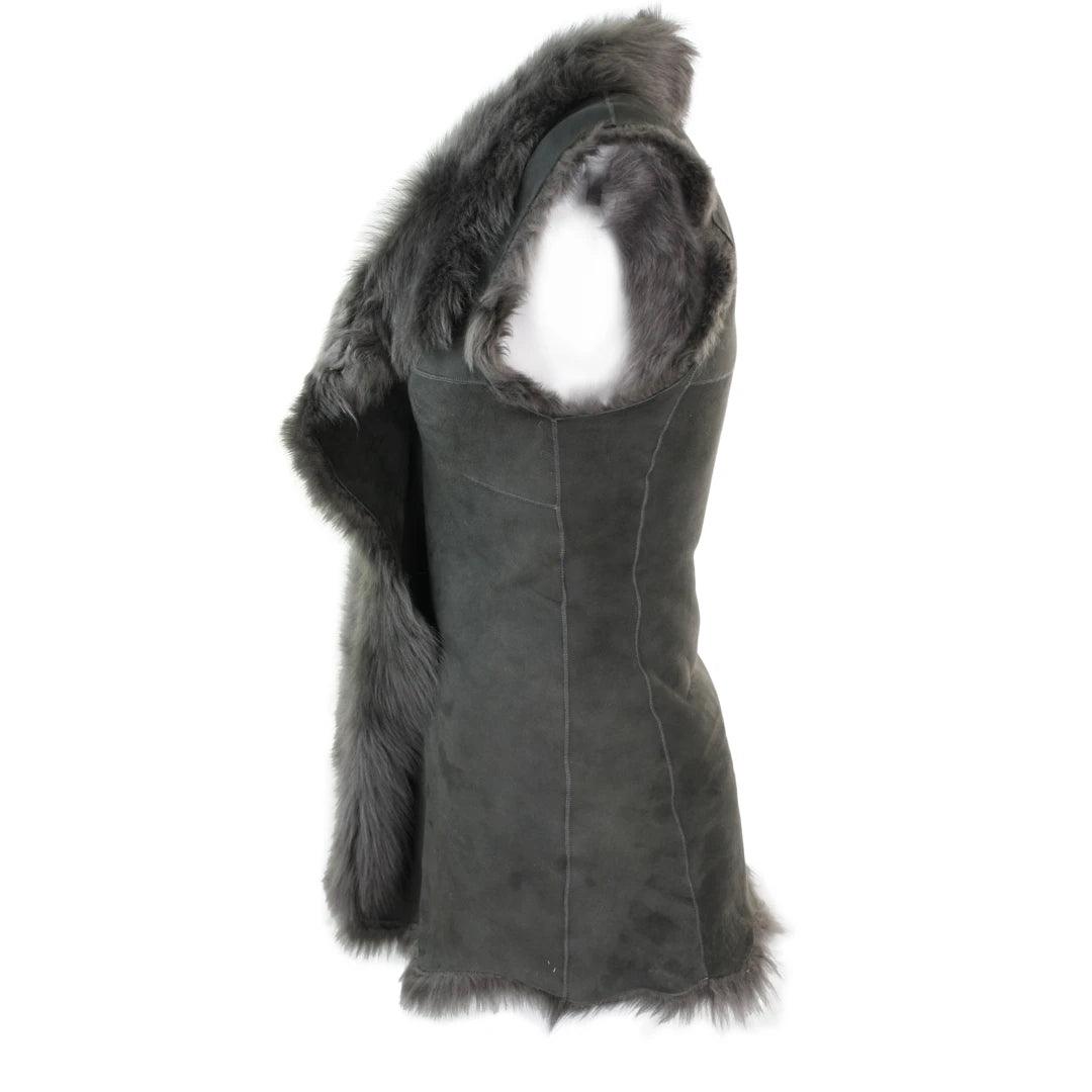 Ladies Women Real Spanish Toscana Shearling Sheepskin Grey Leather Waistcoat Gillet - Knighthood Store