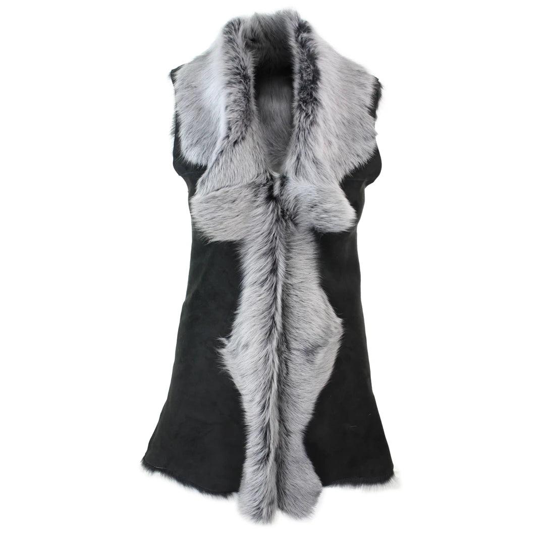 Ladies Women Real Spanish Toscana Shearling Sheepskin Black Grey Leather Waistcoat Gilet - Knighthood Store