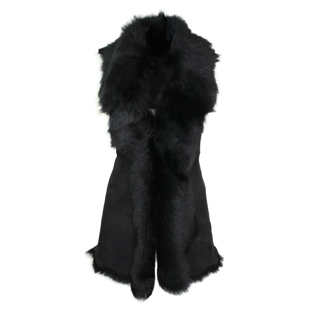 Ladies Women Real Spanish Toscana Shearling Sheepskin Black Leather Waistcoat Gilet - Knighthood Store