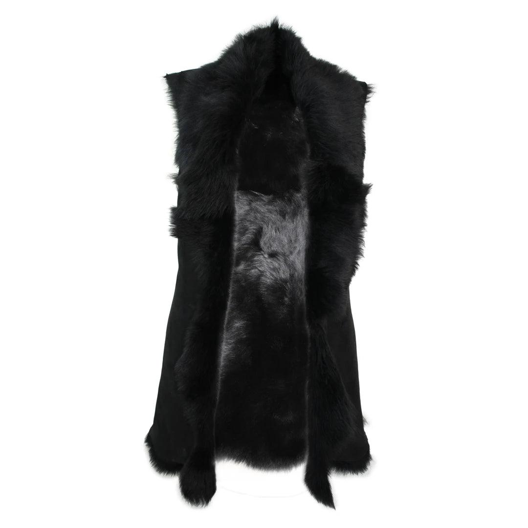Ladies Women Real Spanish Toscana Shearling Sheepskin Black Leather Waistcoat Gilet - Knighthood Store