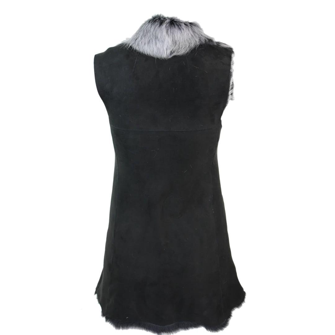 Ladies Women Real Spanish Toscana Shearling Sheepskin Black Grey Leather Waistcoat Gilet - Knighthood Store