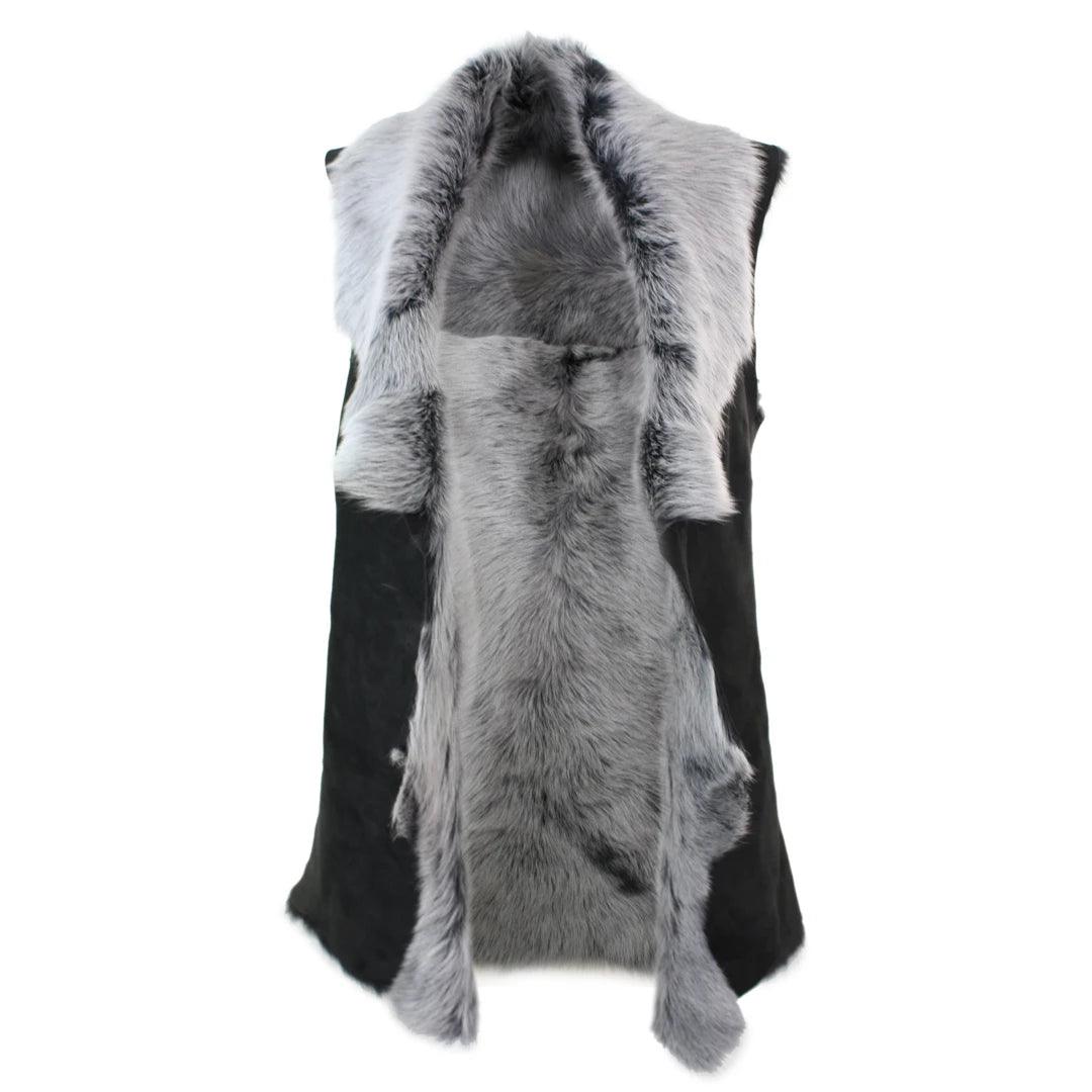 Ladies Women Real Spanish Toscana Shearling Sheepskin Black Grey Leather Waistcoat Gilet - Knighthood Store