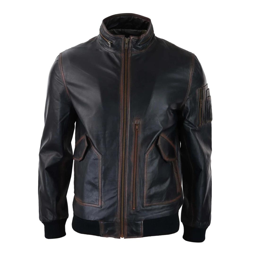 Mens Real Leather Bomber Jacket Black Brown Vintage High Collar Zipped - Knighthood Store