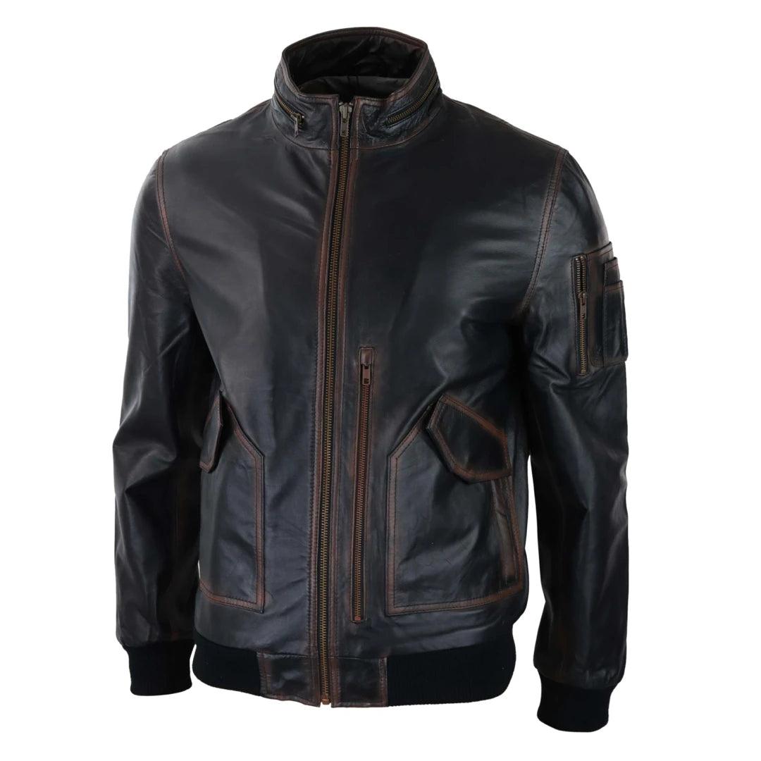 Mens Real Leather Bomber Jacket Black Brown Vintage High Collar Zipped - Knighthood Store