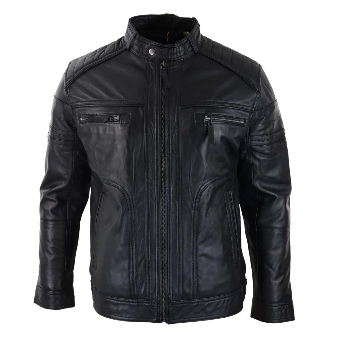 Mens Black Brown Vintage Biker Real Leather Jacket Distressed Zipped Casual - Knighthood Store