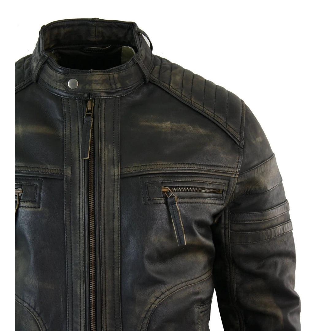 Mens Black Brown Vintage Biker Real Leather Jacket Distressed Zipped Casual - Knighthood Store
