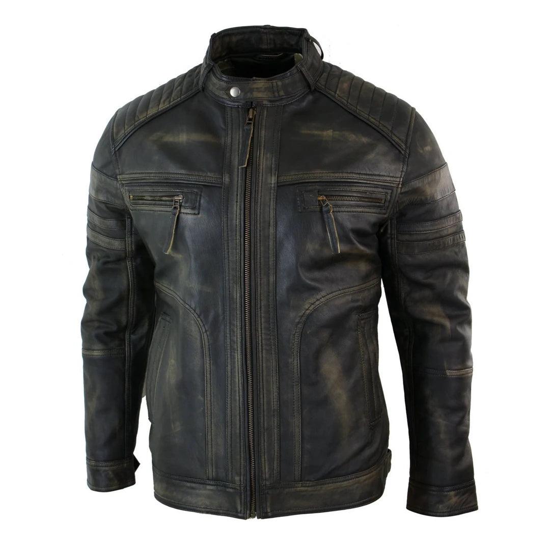 Mens Black Brown Vintage Biker Real Leather Jacket Distressed Zipped Casual - Knighthood Store