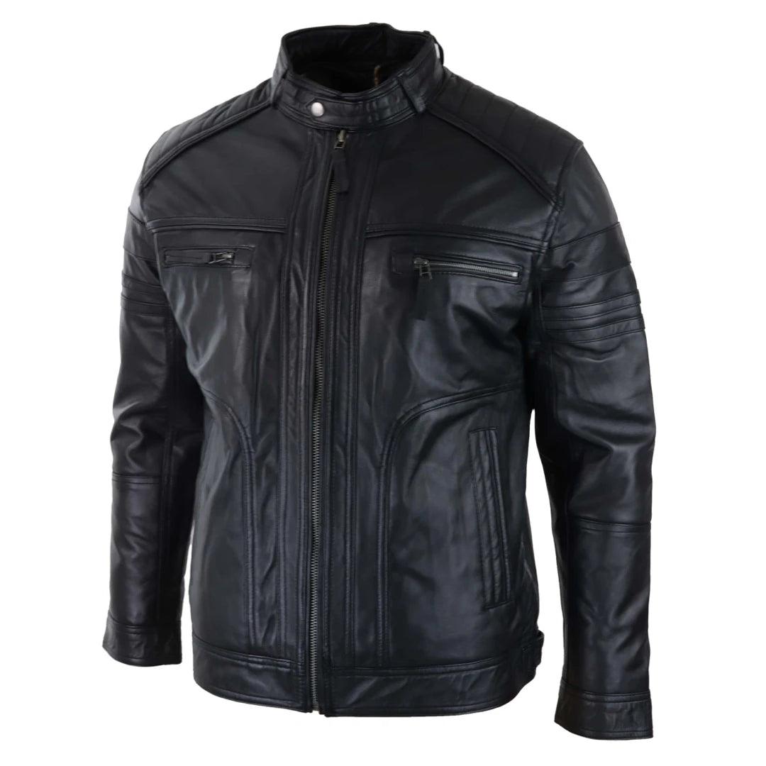 Mens Black Brown Vintage Biker Real Leather Jacket Distressed Zipped Casual - Knighthood Store