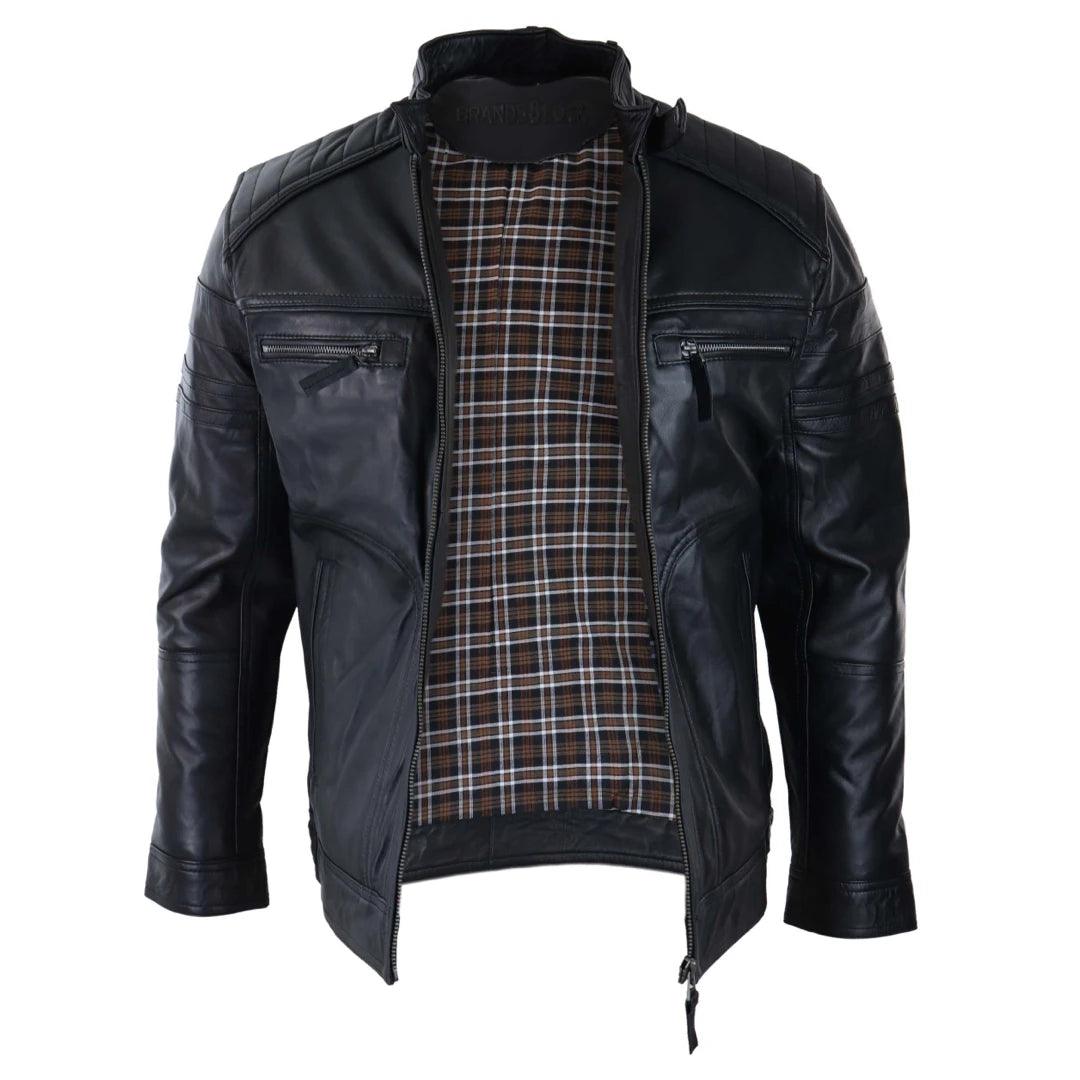 Mens Black Brown Vintage Biker Real Leather Jacket Distressed Zipped Casual - Knighthood Store