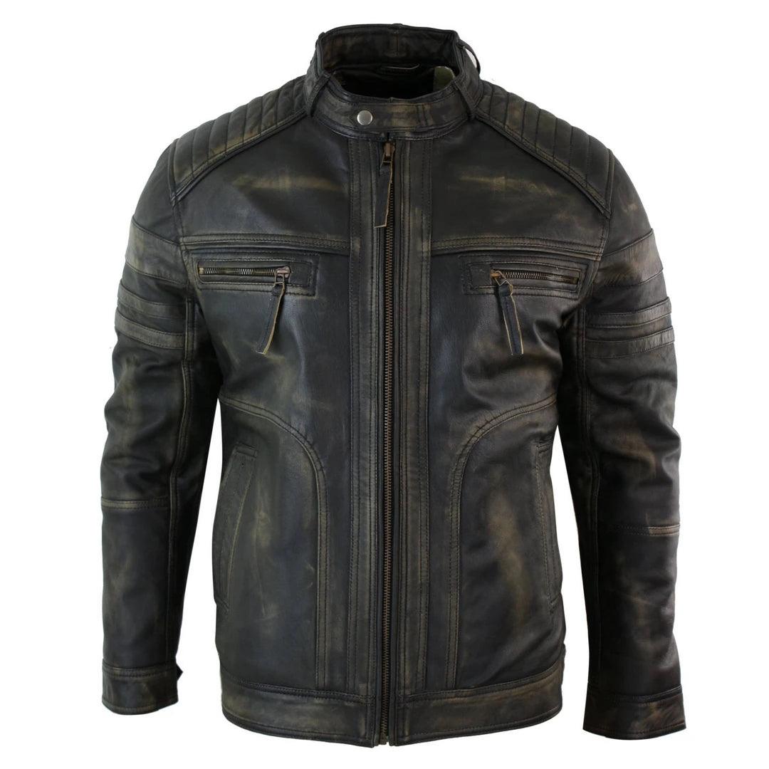 Mens Black Brown Vintage Biker Real Leather Jacket Distressed Zipped Casual - Knighthood Store