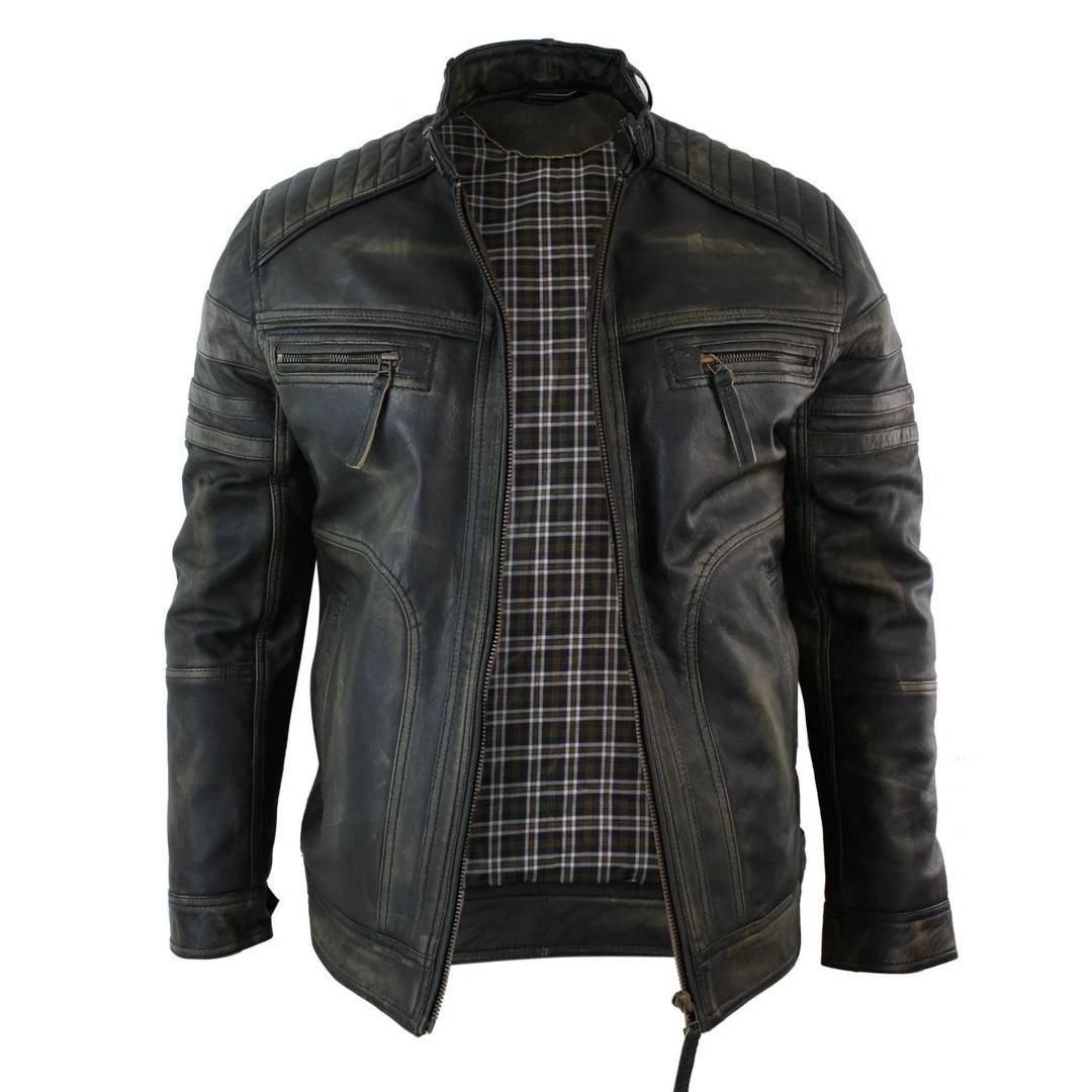 Mens Black Brown Vintage Biker Real Leather Jacket Distressed Zipped Casual - Knighthood Store
