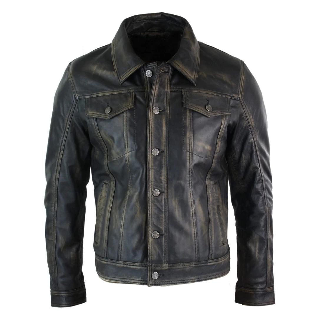 Mens Vintage Retro Jeans Jacket Style Real Leather Short Washed Biker - Knighthood Store