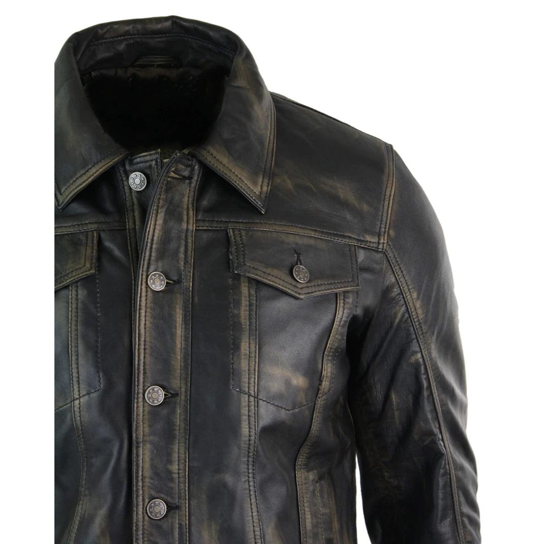 Mens Vintage Retro Jeans Jacket Style Real Leather Short Washed Biker - Knighthood Store