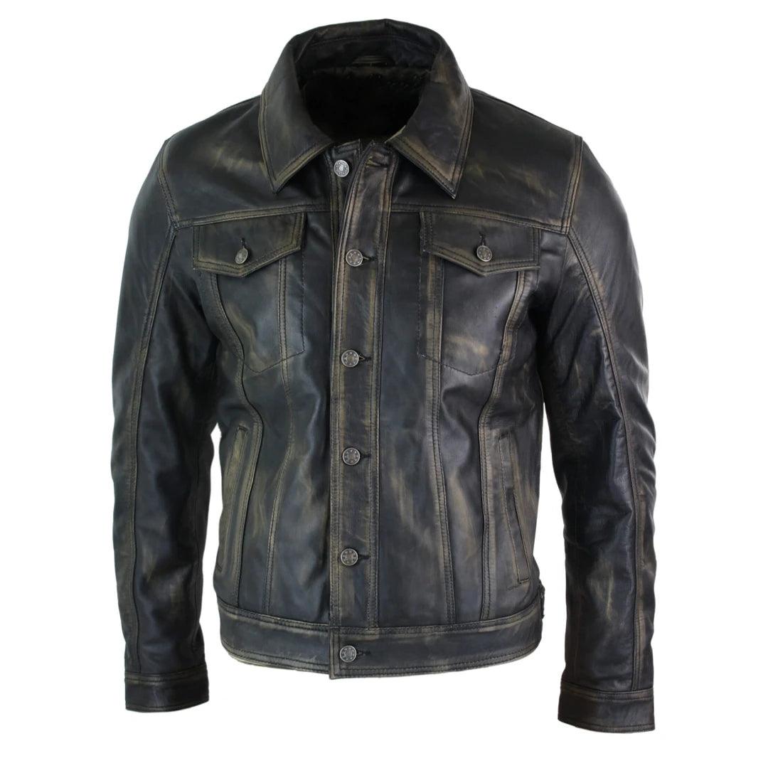 Mens Vintage Retro Jeans Jacket Style Real Leather Short Washed Biker - Knighthood Store