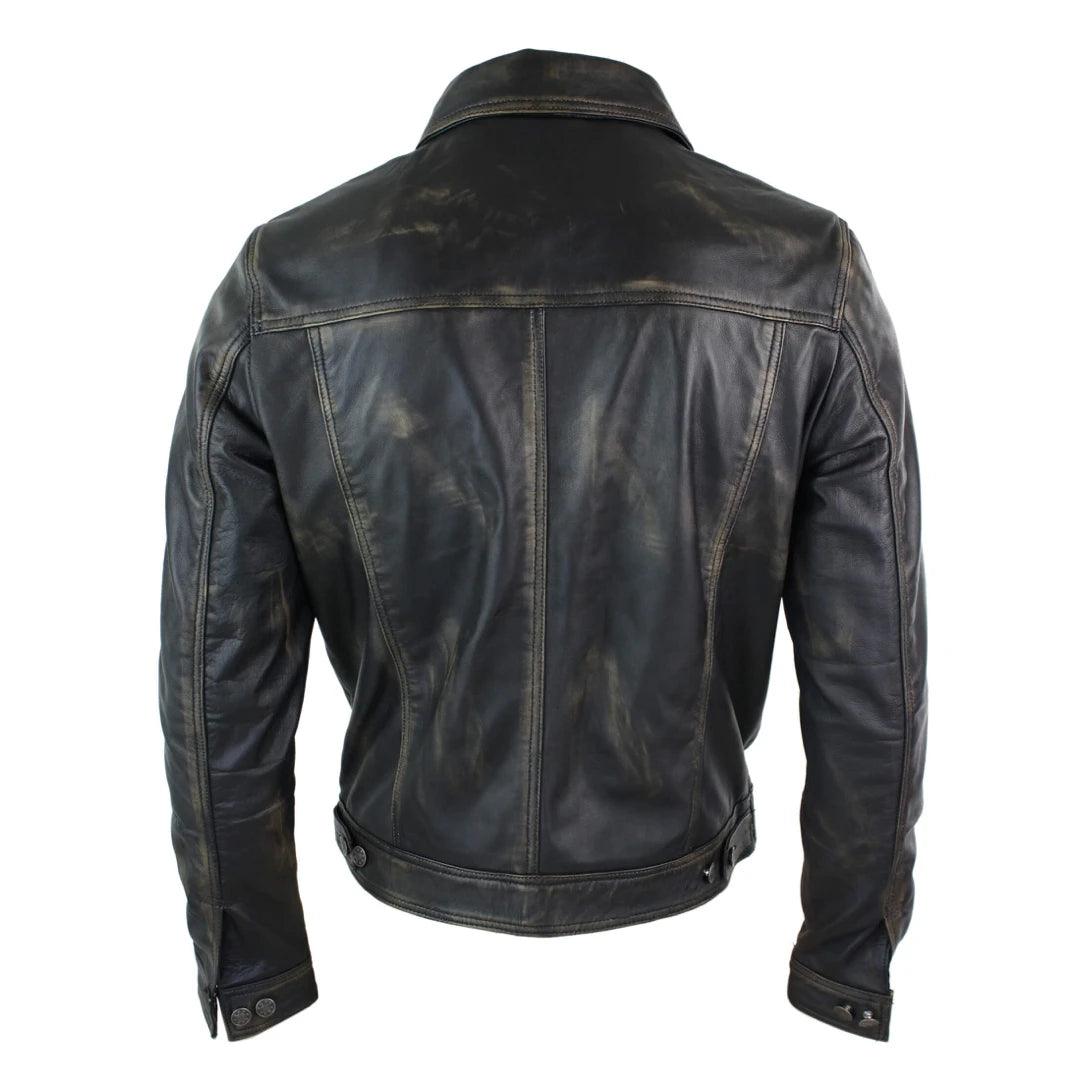 Mens Vintage Retro Jeans Jacket Style Real Leather Short Washed Biker - Knighthood Store