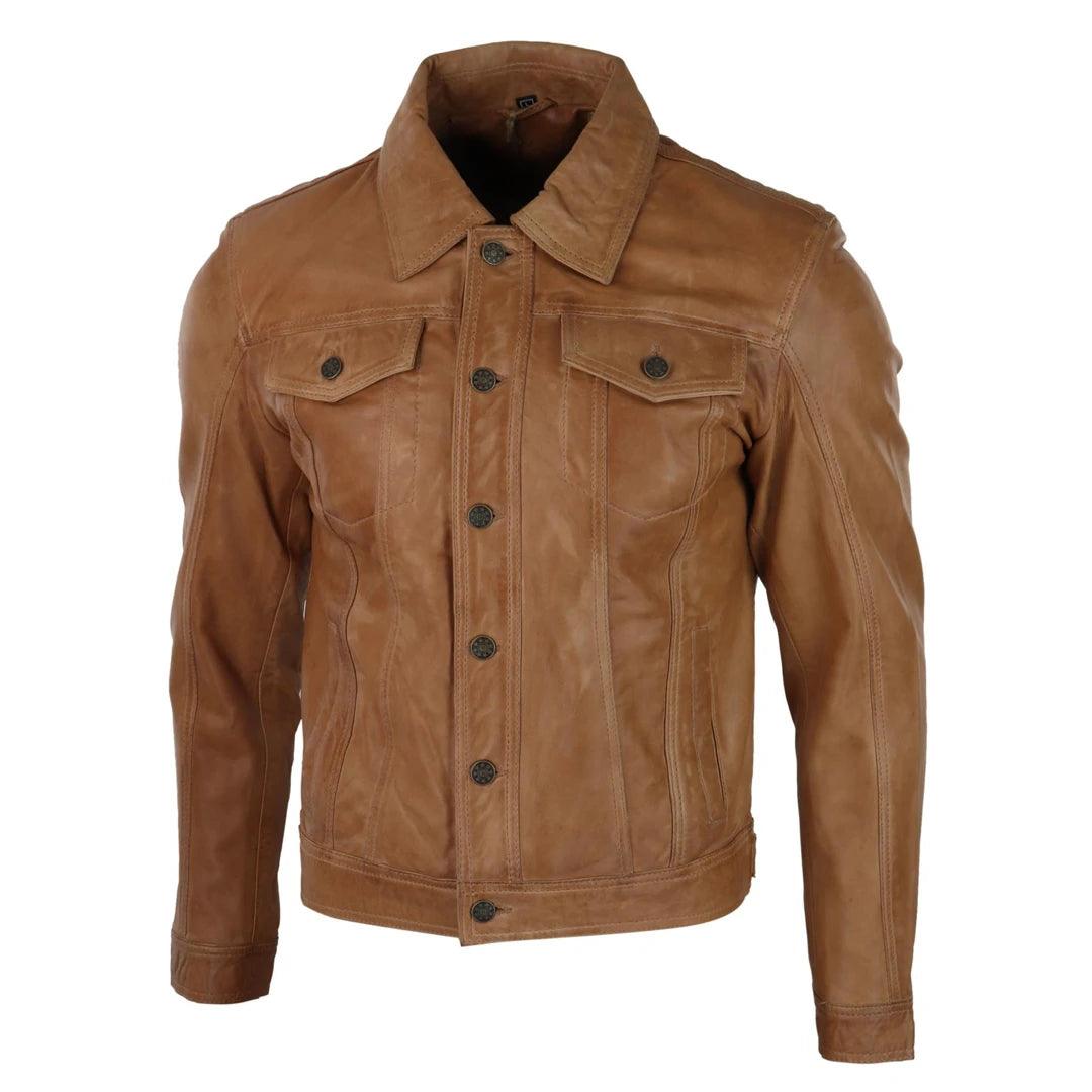 Mens Vintage Retro Jeans Jacket Style Real Leather Short Washed Biker - Knighthood Store