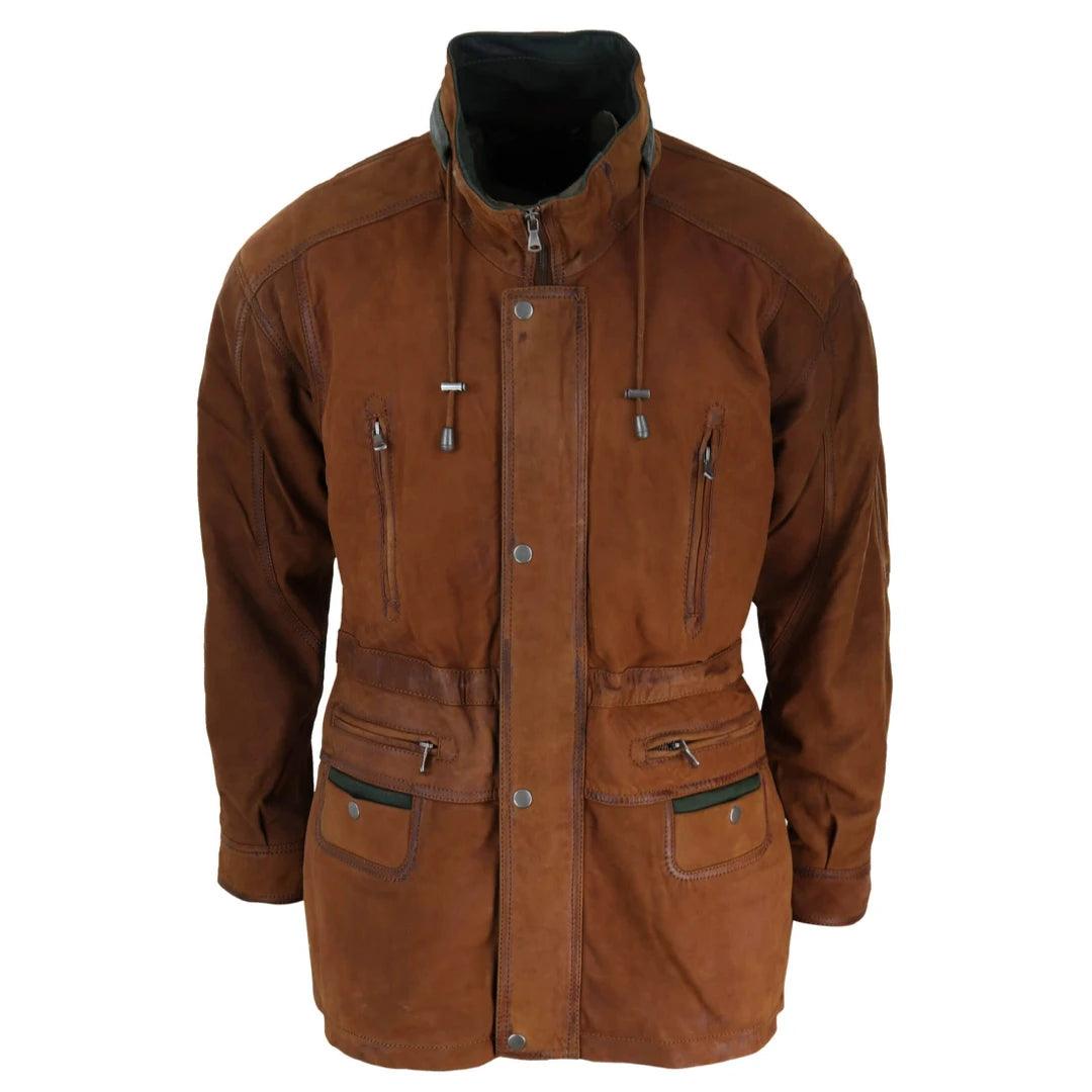 Mens Suede Genuine Safari Jacket Hunting Duffle Parka 3/4 Coat Classic Leather - Knighthood Store