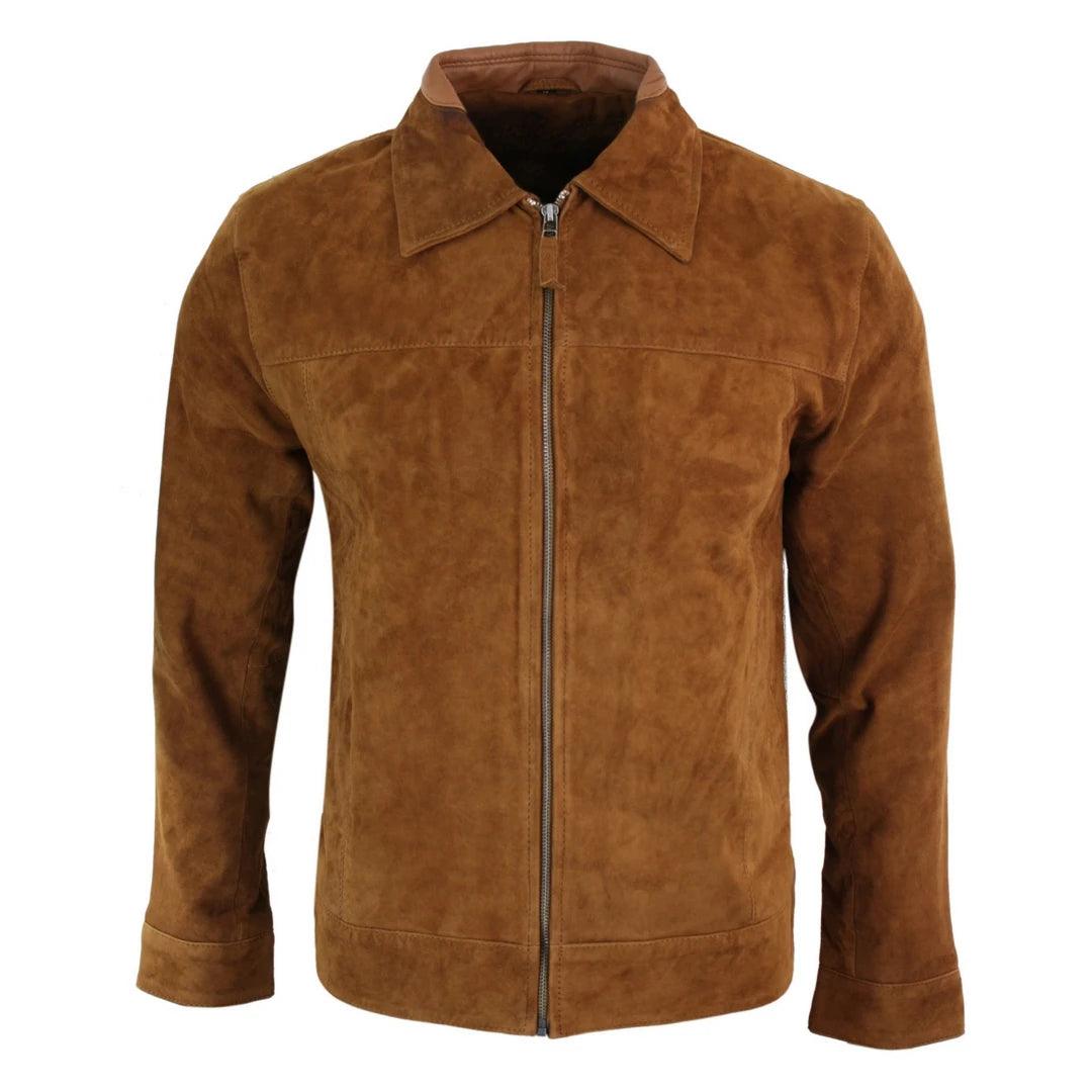 Mens Real Suede Leather Classic Zip Jacket Camel Turn Down Collar Vintage Retro - Knighthood Store