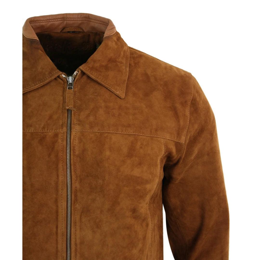 Mens Real Suede Leather Classic Zip Jacket Camel Turn Down Collar Vintage Retro - Knighthood Store