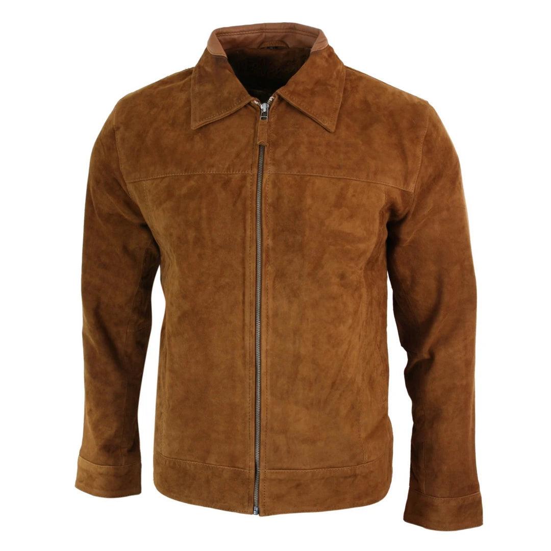 Mens Real Suede Leather Classic Zip Jacket Camel Turn Down Collar Vintage Retro - Knighthood Store