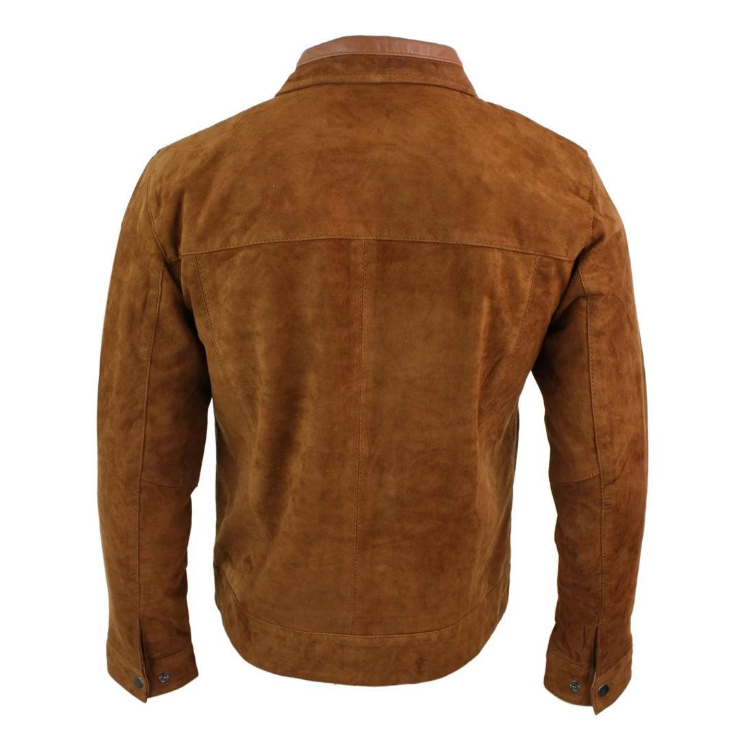 Mens Real Suede Leather Classic Zip Jacket Camel Turn Down Collar Vintage Retro - Knighthood Store