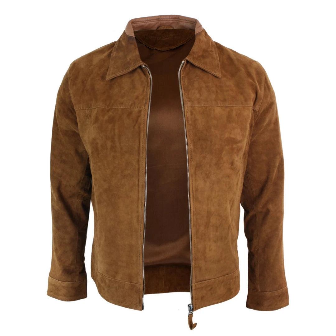 Mens Real Suede Leather Classic Zip Jacket Camel Turn Down Collar Vintage Retro - Knighthood Store
