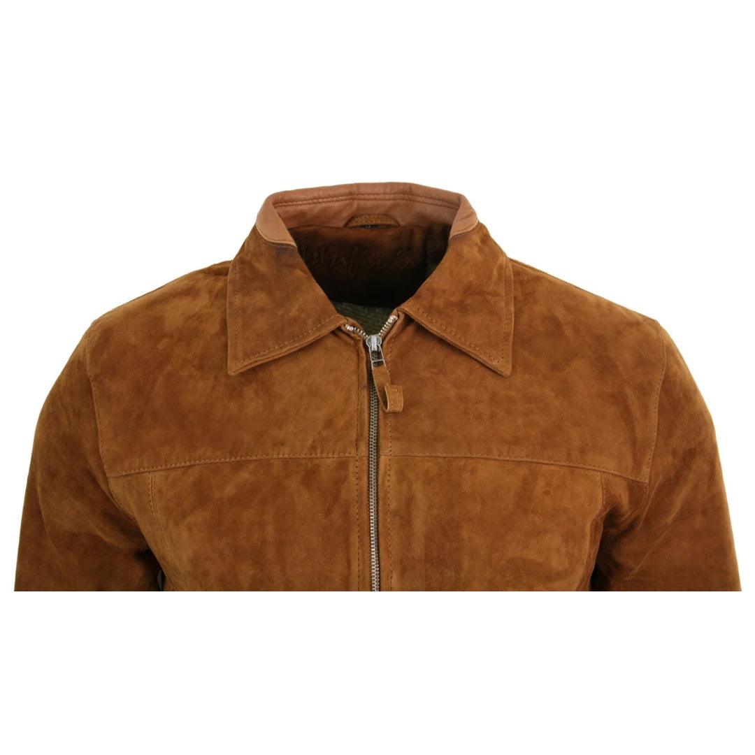Mens Real Suede Leather Classic Zip Jacket Camel Turn Down Collar Vintage Retro - Knighthood Store