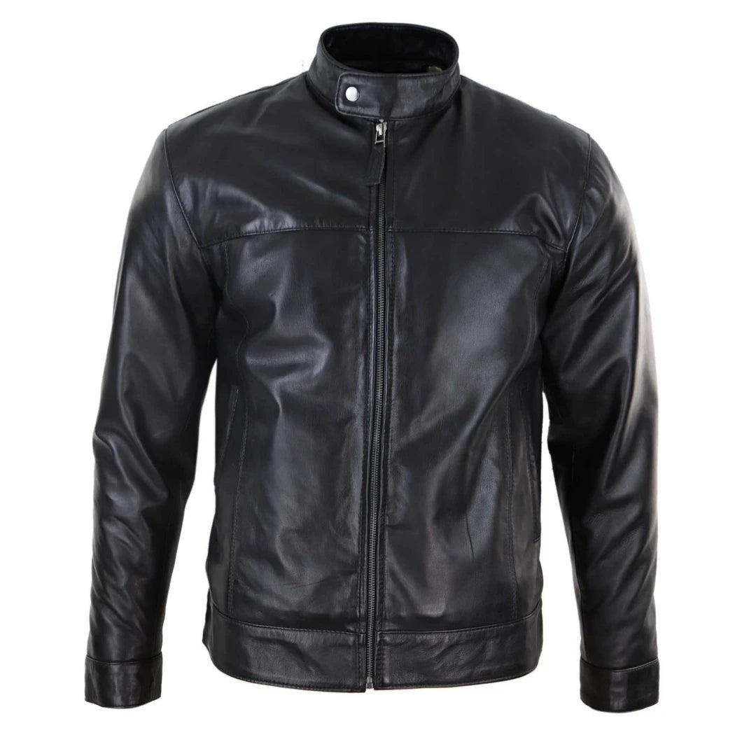 Mens Classic Zip Real Leather Jacket Nehru Grandad Collar Biker Style - Knighthood Store