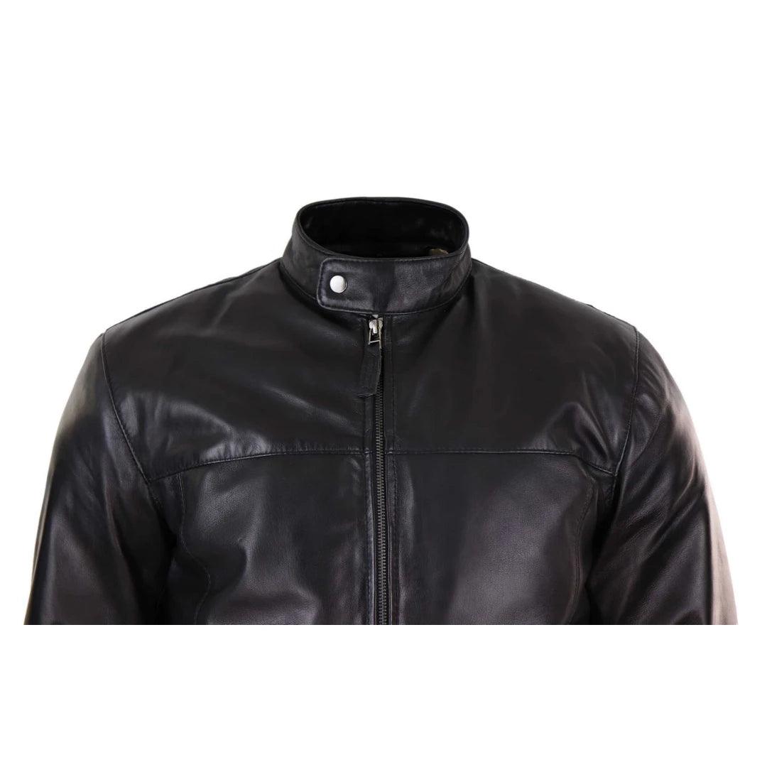 Mens Classic Zip Real Leather Jacket Nehru Grandad Collar Biker Style - Knighthood Store