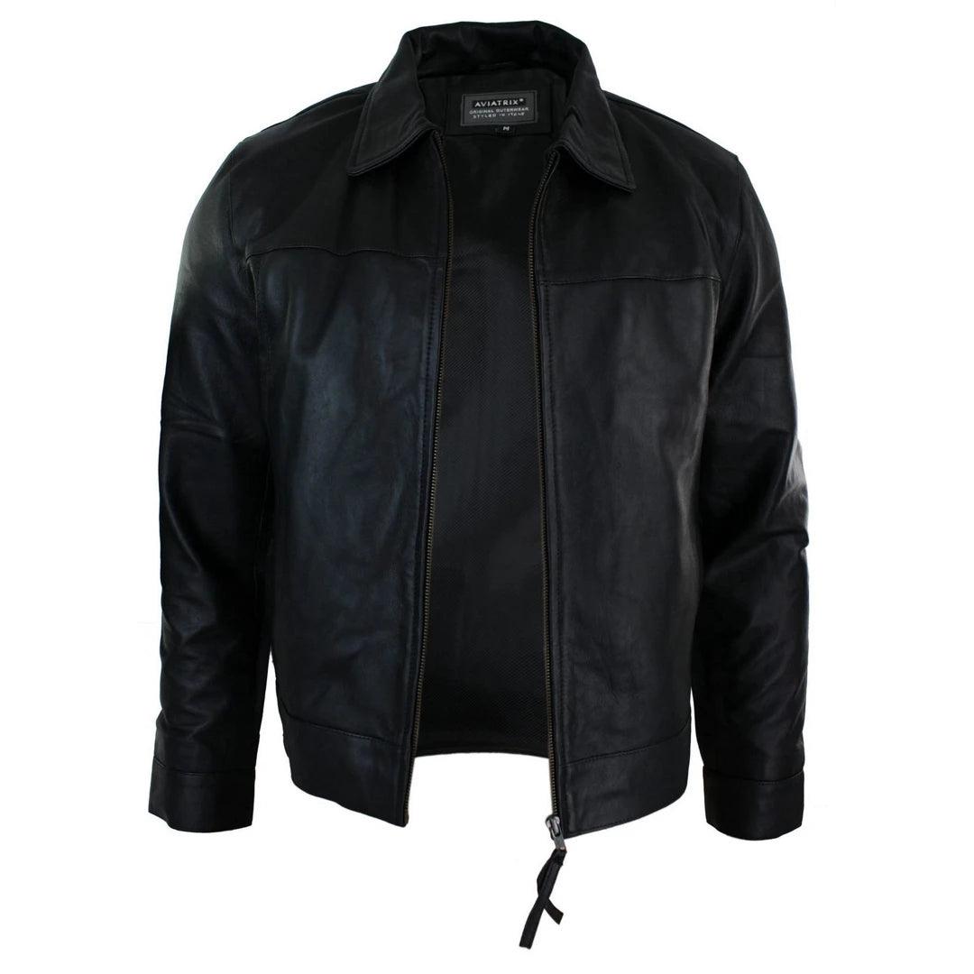 Mens Classic Zipped Real Leather Jacket Retro Black - Knighthood Store