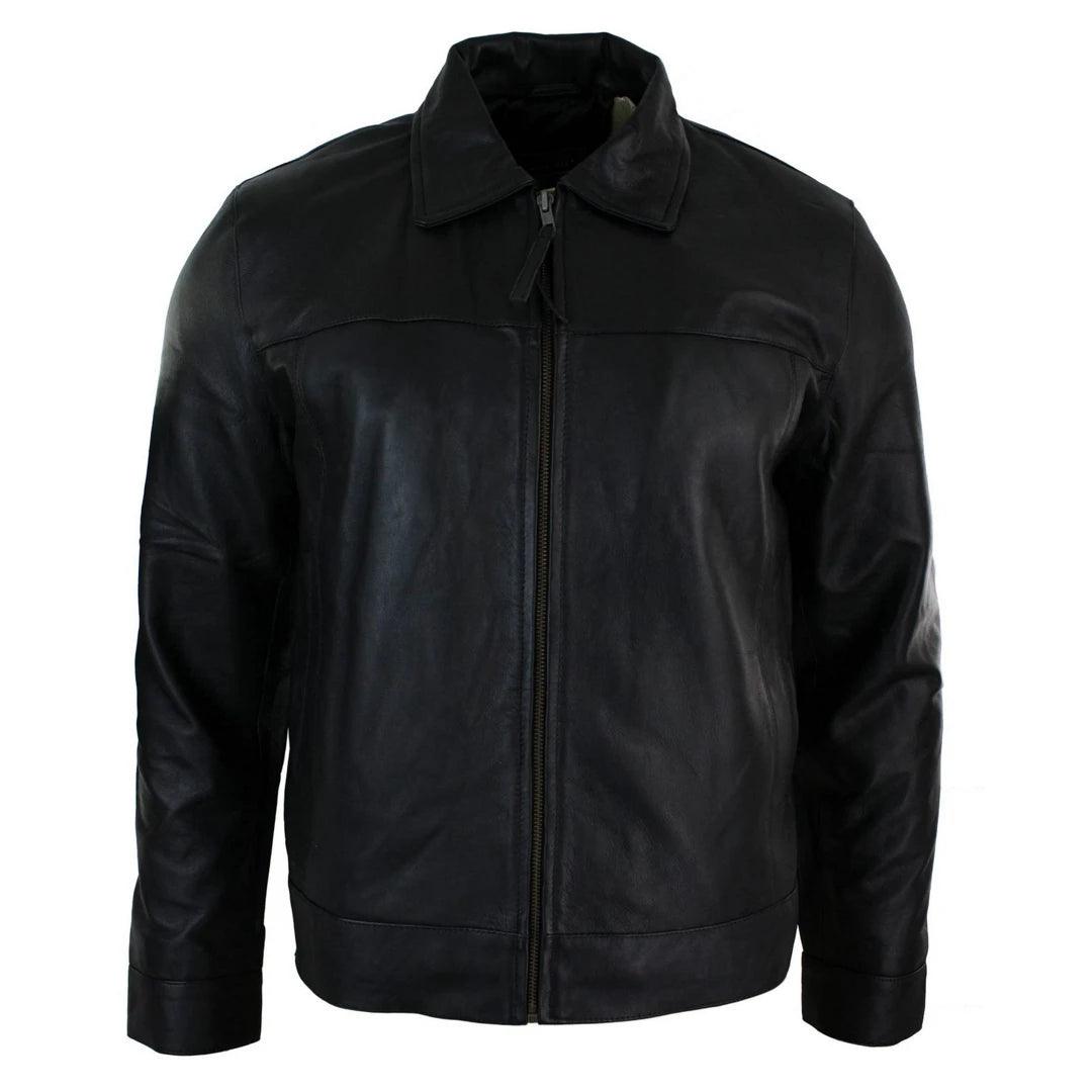 Mens Classic Zipped Real Leather Jacket Retro Black - Knighthood Store