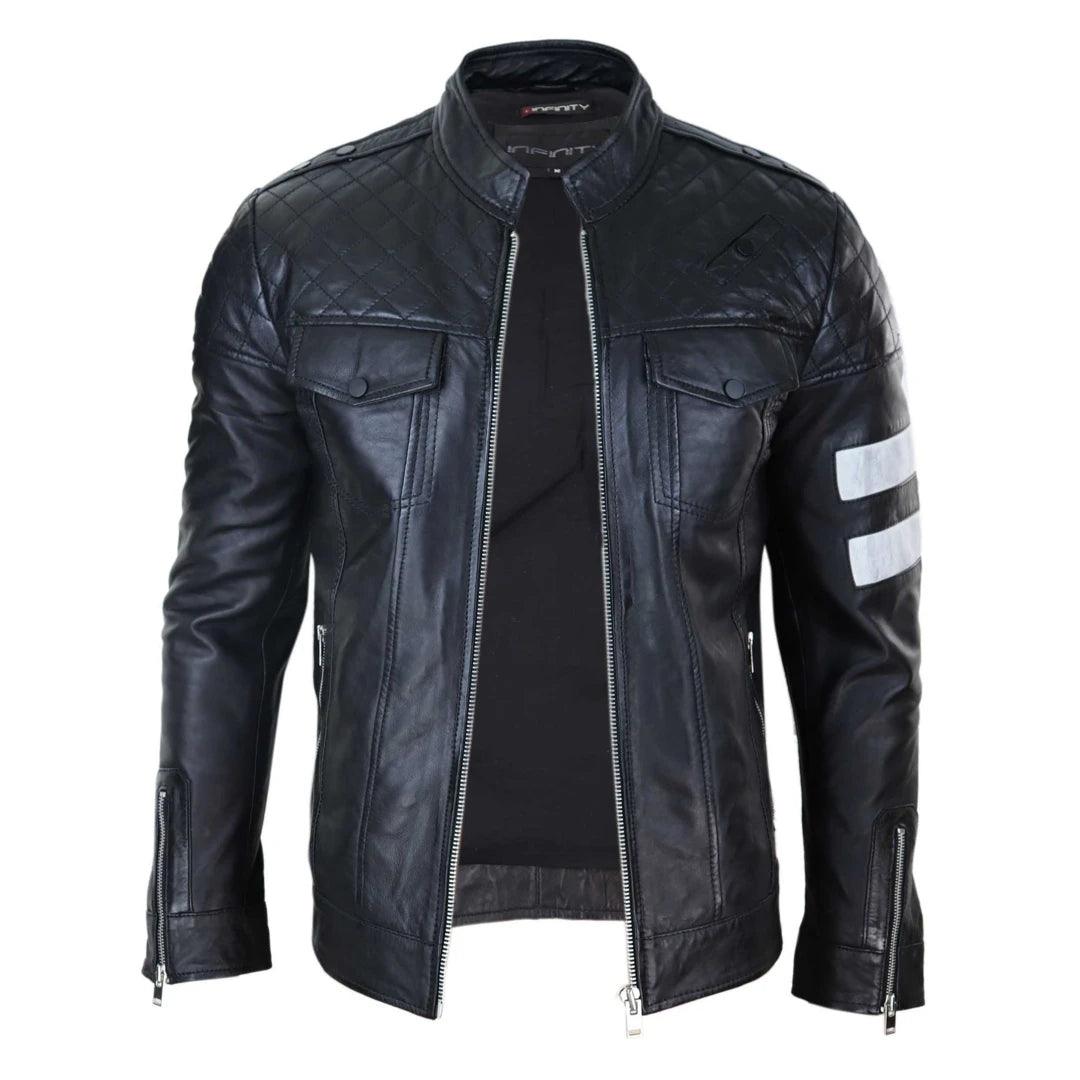 Mens Real Leather Racing Jacket Biker Zipped Casual Napa Stripes Black White - Knighthood Store