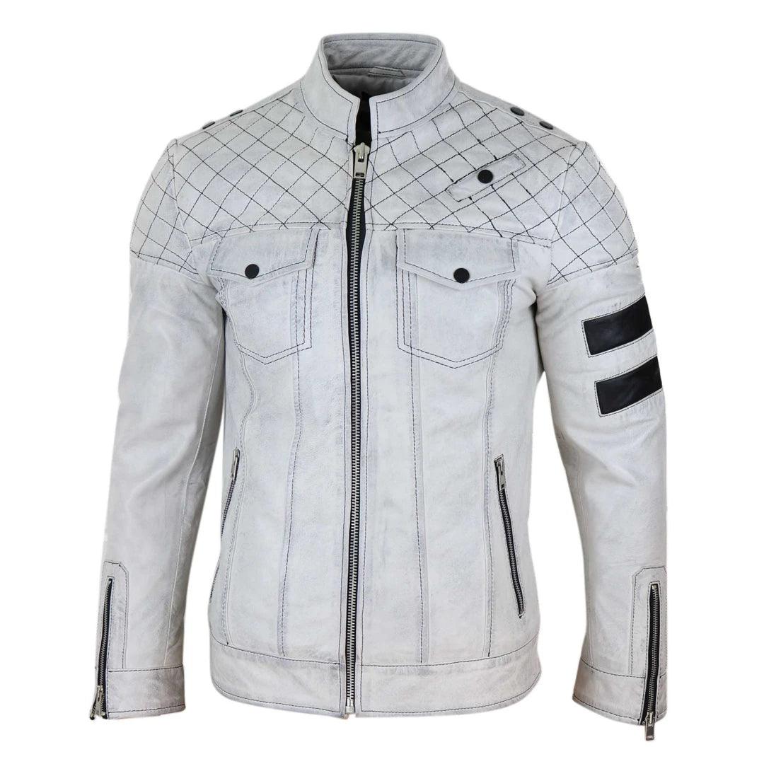 Mens Real Leather Racing Jacket Biker Zipped Casual Napa Stripes Black White - Knighthood Store