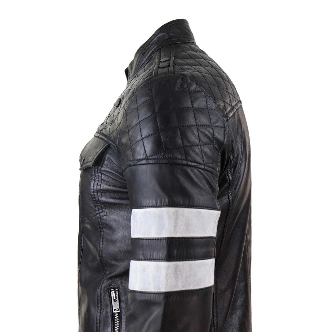 Mens Real Leather Racing Jacket Biker Zipped Casual Napa Stripes Black White - Knighthood Store