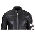 Mens Real Leather Racing Jacket Biker Zipped Casual Napa Stripes Black White - Knighthood Store