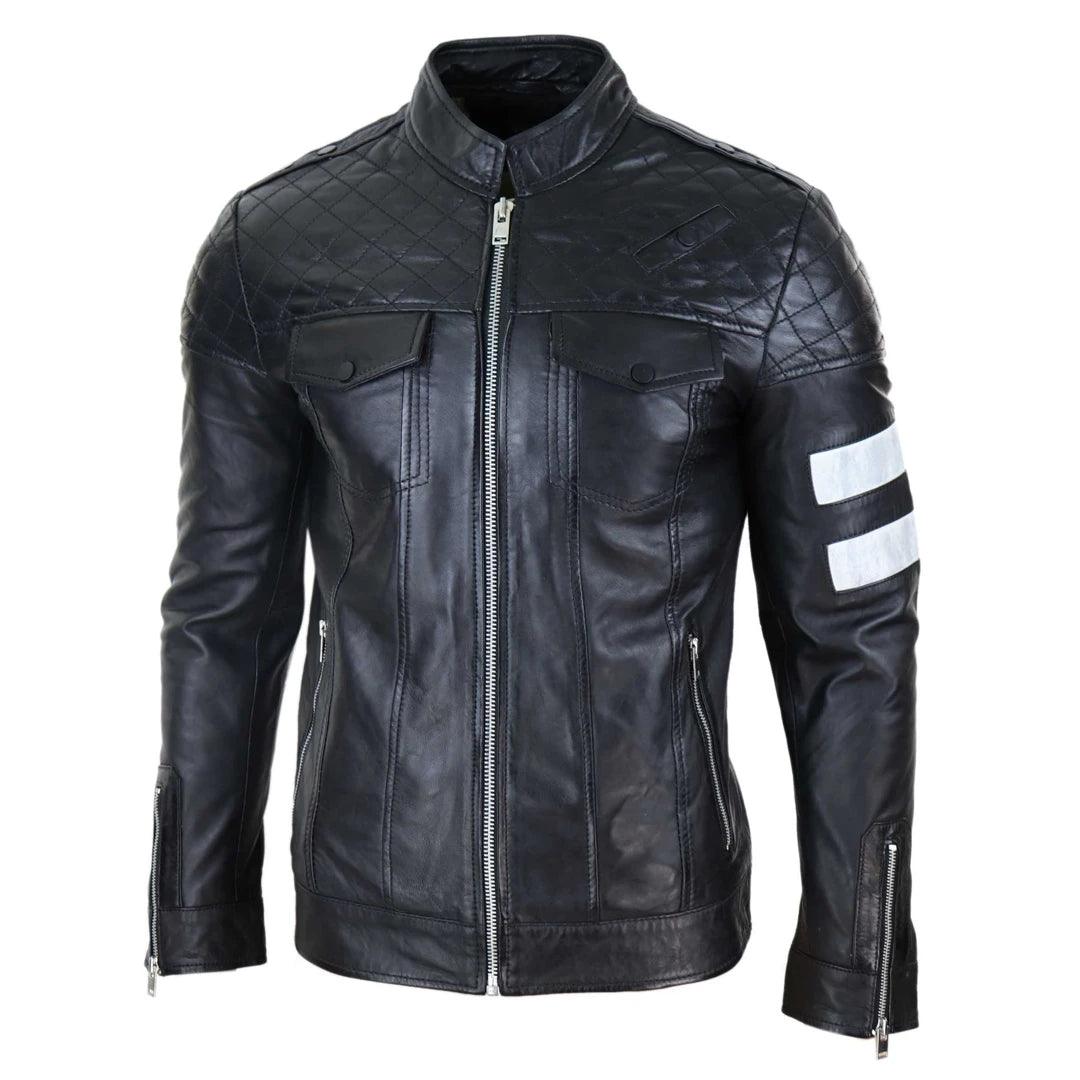 Mens Real Leather Racing Jacket Biker Zipped Casual Napa Stripes Black White - Knighthood Store