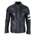 Mens Real Leather Racing Jacket Biker Zipped Casual Napa Stripes Black White - Knighthood Store