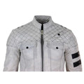 Mens Real Leather Racing Jacket Biker Zipped Casual Napa Stripes Black White - Knighthood Store