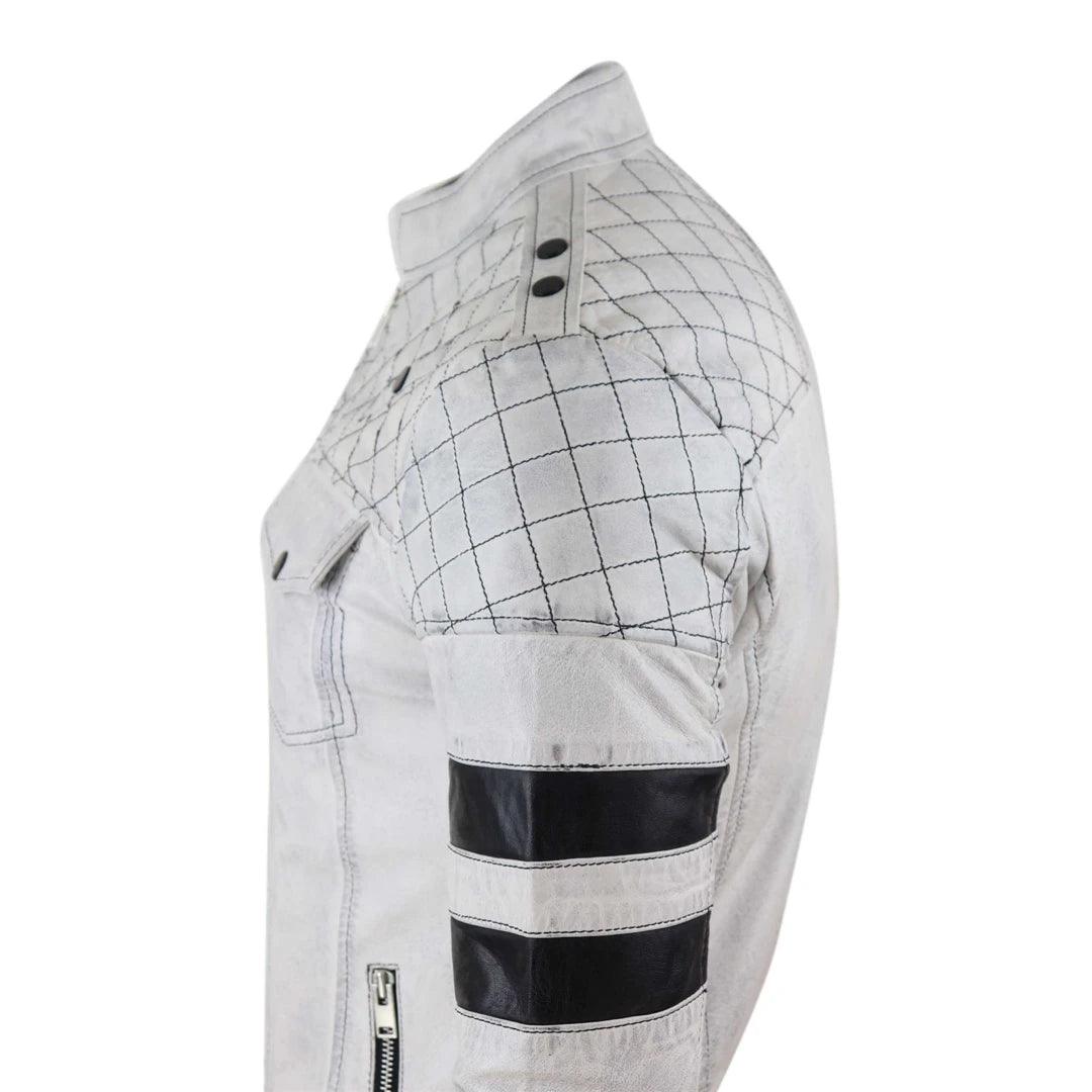 Mens Real Leather Racing Jacket Biker Zipped Casual Napa Stripes Black White - Knighthood Store