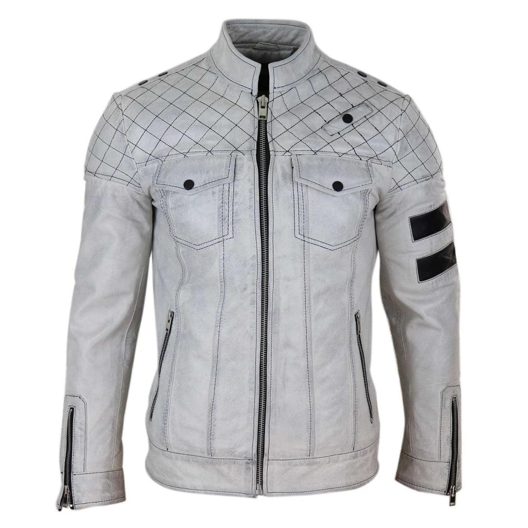 Mens Real Leather Racing Jacket Biker Zipped Casual Napa Stripes Black White - Knighthood Store