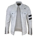 Mens Real Leather Racing Jacket Biker Zipped Casual Napa Stripes Black White - Knighthood Store