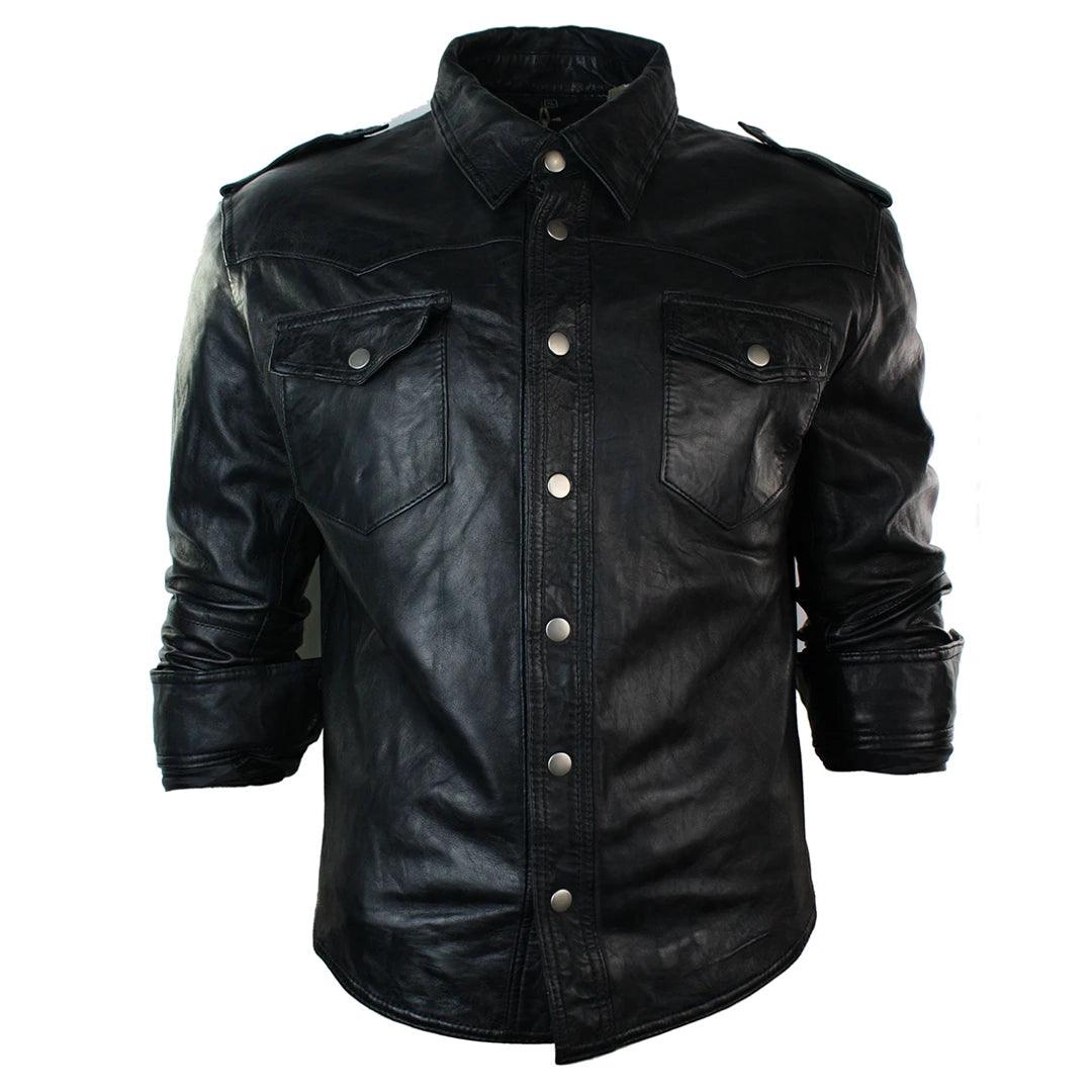 Mens Real Leather Shirt Jacket Tan Brown Black Slim Fit Casual Retro Vintage - Knighthood Store