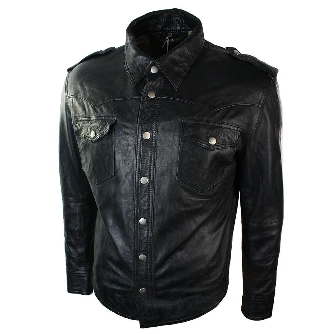 Mens Real Leather Shirt Jacket Tan Brown Black Slim Fit Casual Retro Vintage - Knighthood Store