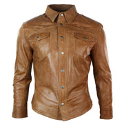 Mens Real Leather Shirt Jacket Tan Brown Black Slim Fit Casual Retro Vintage - Knighthood Store