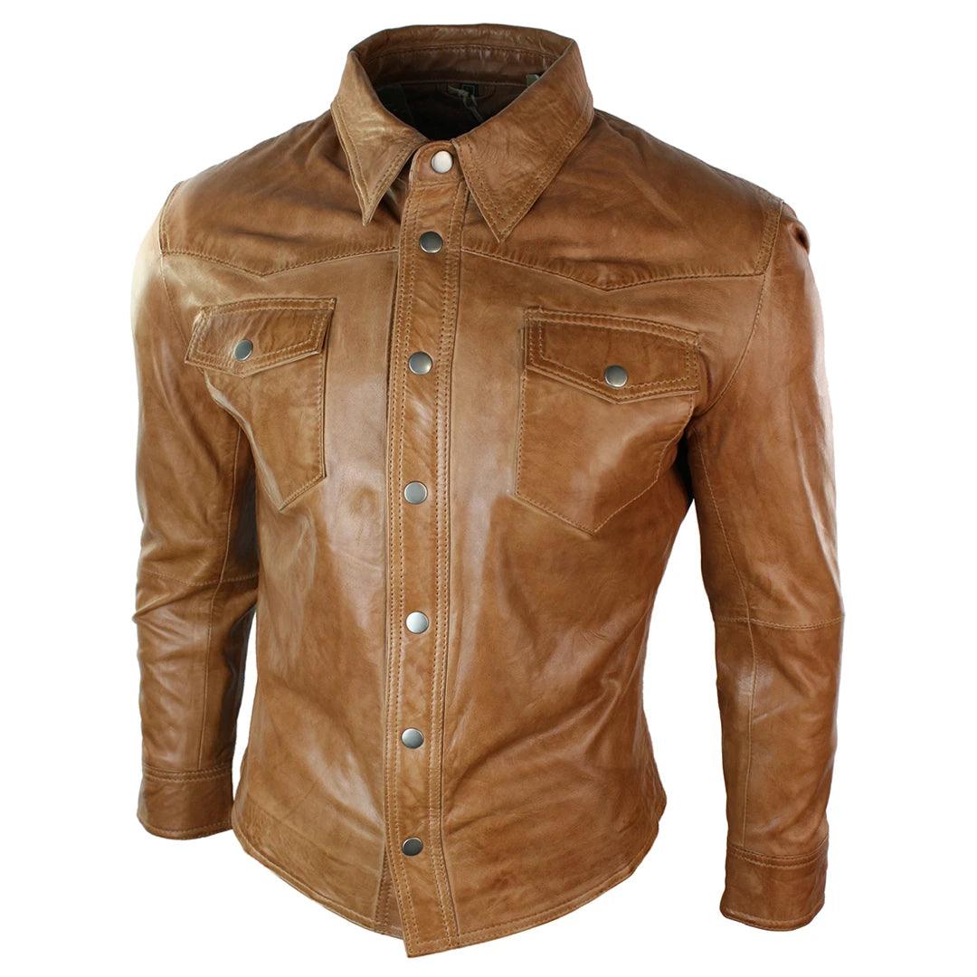 Mens Real Leather Shirt Jacket Tan Brown Black Slim Fit Casual Retro Vintage - Knighthood Store