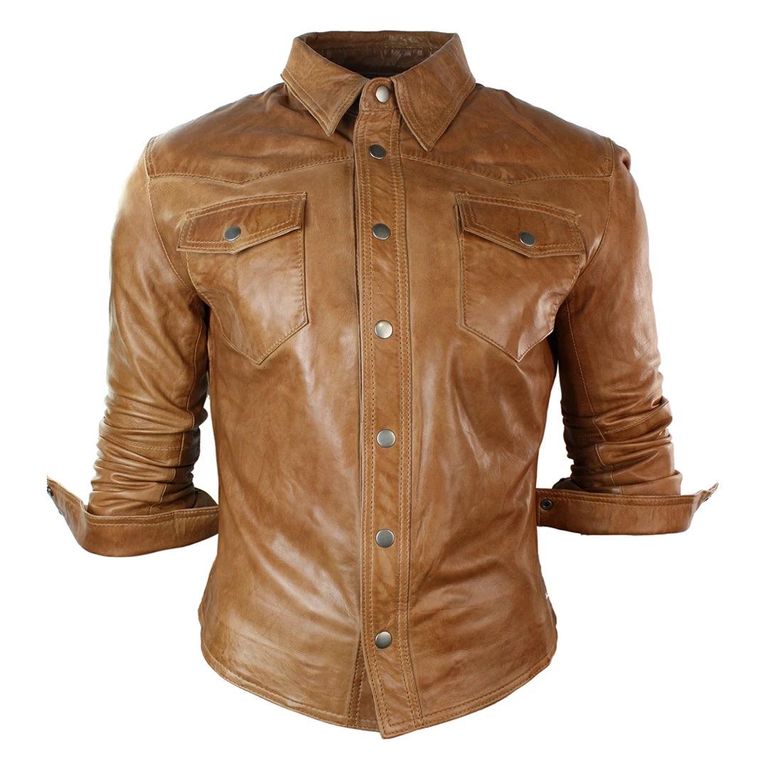 Mens Real Leather Shirt Jacket Tan Brown Black Slim Fit Casual Retro Vintage - Knighthood Store